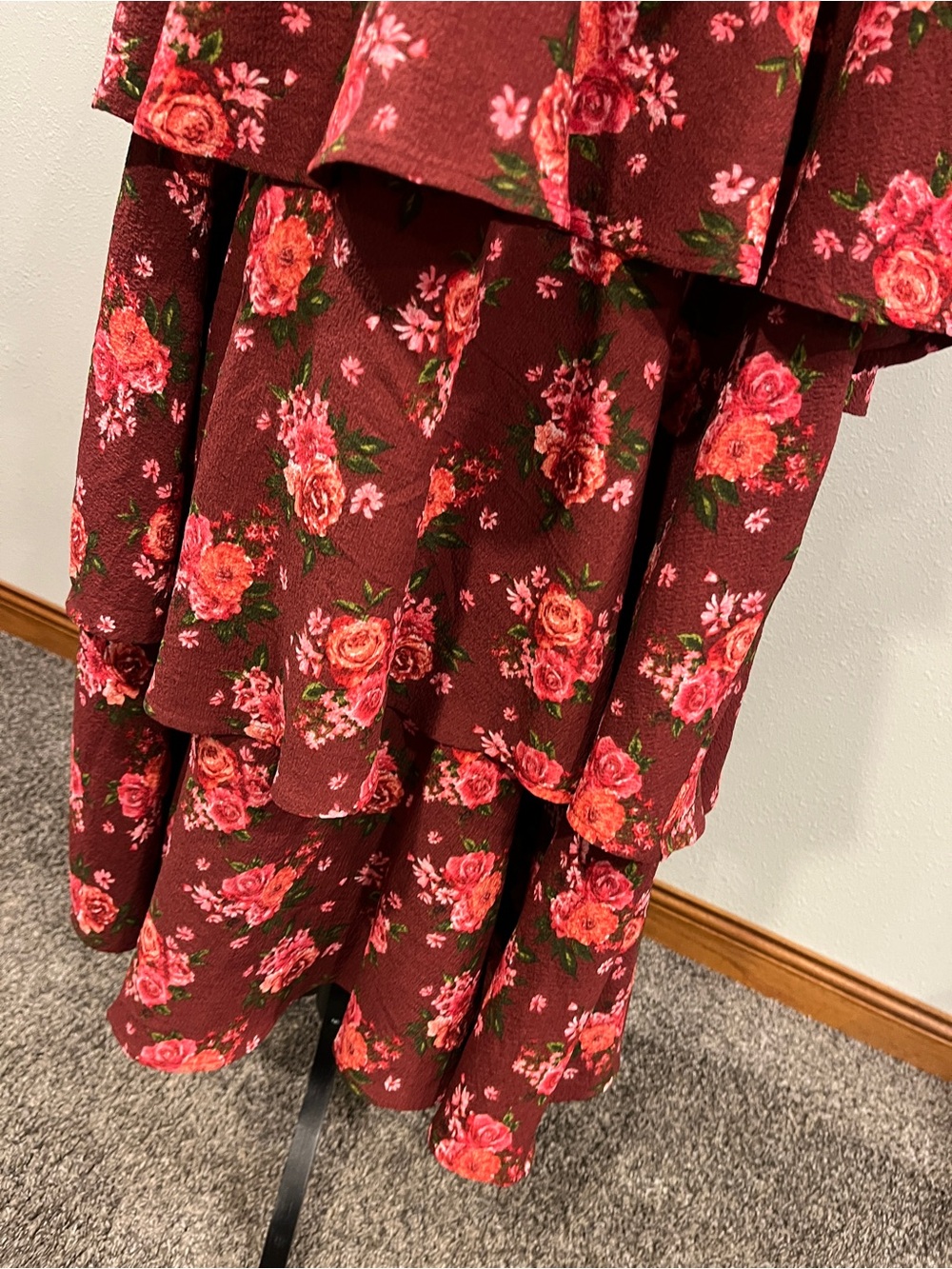 Arula Tiered Floral Maxi Dress in Burgundy with Pink Roses size 2X - Picture 4 of 14